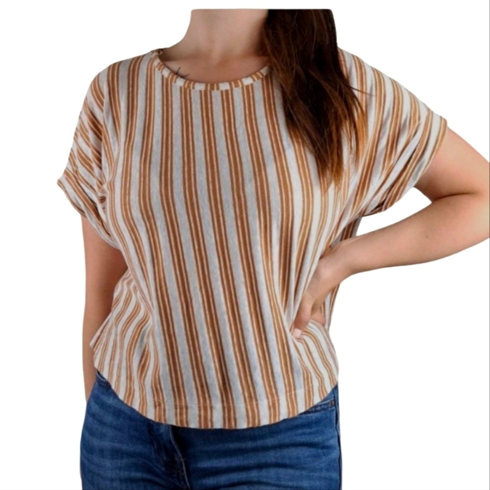 For The Republic womens Plus Size  Brown and Cream Striped Tee Size 2X 💰2/20💰